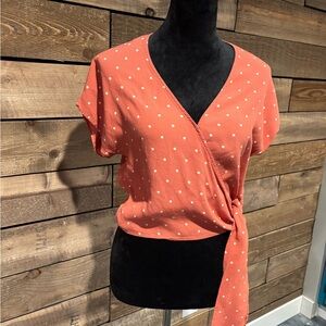 Madewell Coral Polka Dot Wrap Blouse